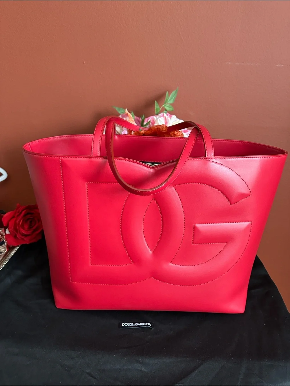 Authentic Dolce & Gabbana Bold Red Embossed Logo Leather big shopping Tote